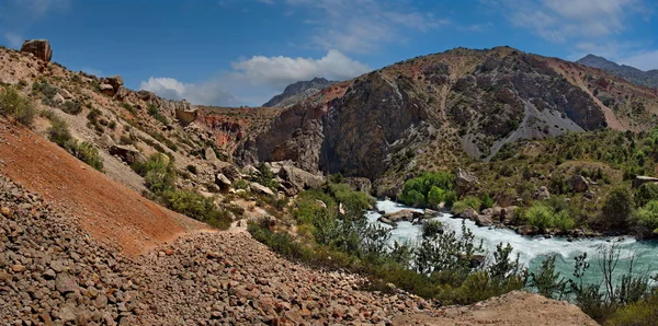 Tadzjikistan Pamir Motorvägen Panorama Över Fjällälven Iskanderdarya Som Rinner Från — Stockfoto