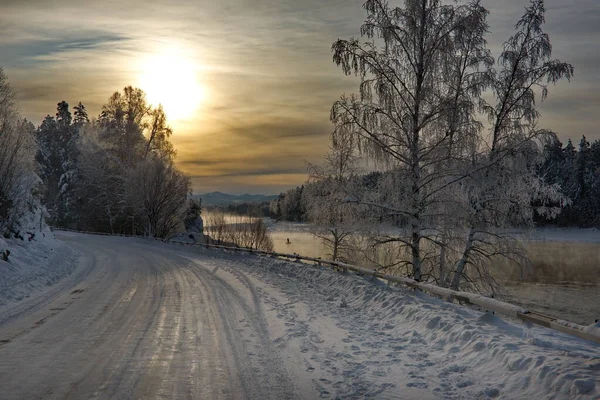 Russland Berg Altai Früher Wintermorgen Dorf Kebezen Ufer Des Flusses — Stockfoto