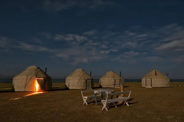 Kyrgyzstan Moonlit Camping Shore High Altitude Lake Son Kul Eastern — Stock Photo, Image