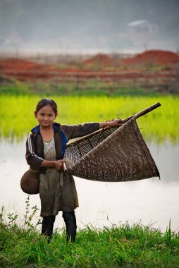 Gauhati. Doğu Hindistan. 11 Şubat 2016. Köylü kızlar pirinç tarlasında başarılı bir balık avından sonra rahatlarlar. Küçük balıklar için hasır ağlarla balık tutmak Hint köylerinden gelen çocuklar için geleneksel bir etkinliktir.