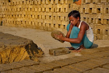Assam. Hindistan. 8 Şubat 2016. Küçük bir tuğla fabrikası. Genç bir adam kilden tuğla yapmak için kalıp kullanır ve güneşte kurutmak için onları serer..