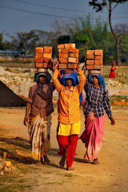 Assam. Hindistan. 8 Şubat 2016. Küçük bir tuğla fabrikası. Saatlerce kil tuğla ve yapay zeka ateşledikten sonra, kafalarının üzerindeki genç kızlar bitmiş tuğlaları depoya taşıyorlar..