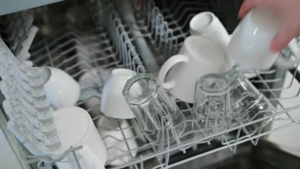Vasos y tazas limpias en un lavavajillas — Vídeo de stock