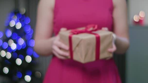 Mãos de mulher segurando um presente de Natal — Vídeo de Stock