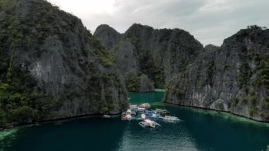Filipinler, Palawan 'daki Coron Adası' ndaki Karst kireçtaşı kayalıkları ile birlikte turkuaz tropikal göl manzarası. UNESCO Dünya Mirasları Geçici Listesi