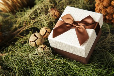 Çam dalları üzerinde kahverengi fiyonklu hediye kutusu