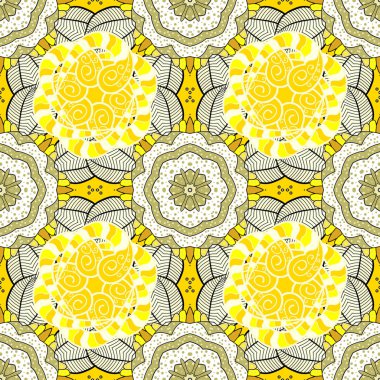 Sorunsuz arka plan. Daire çiçek mandalalar seamless modeli siyah beyaz ve sarı, turuncu, vektör