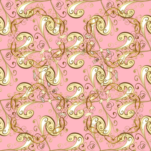 Patrón vintage sin costuras sobre fondo lila y rosa con elementos dorados . — Vector de stock