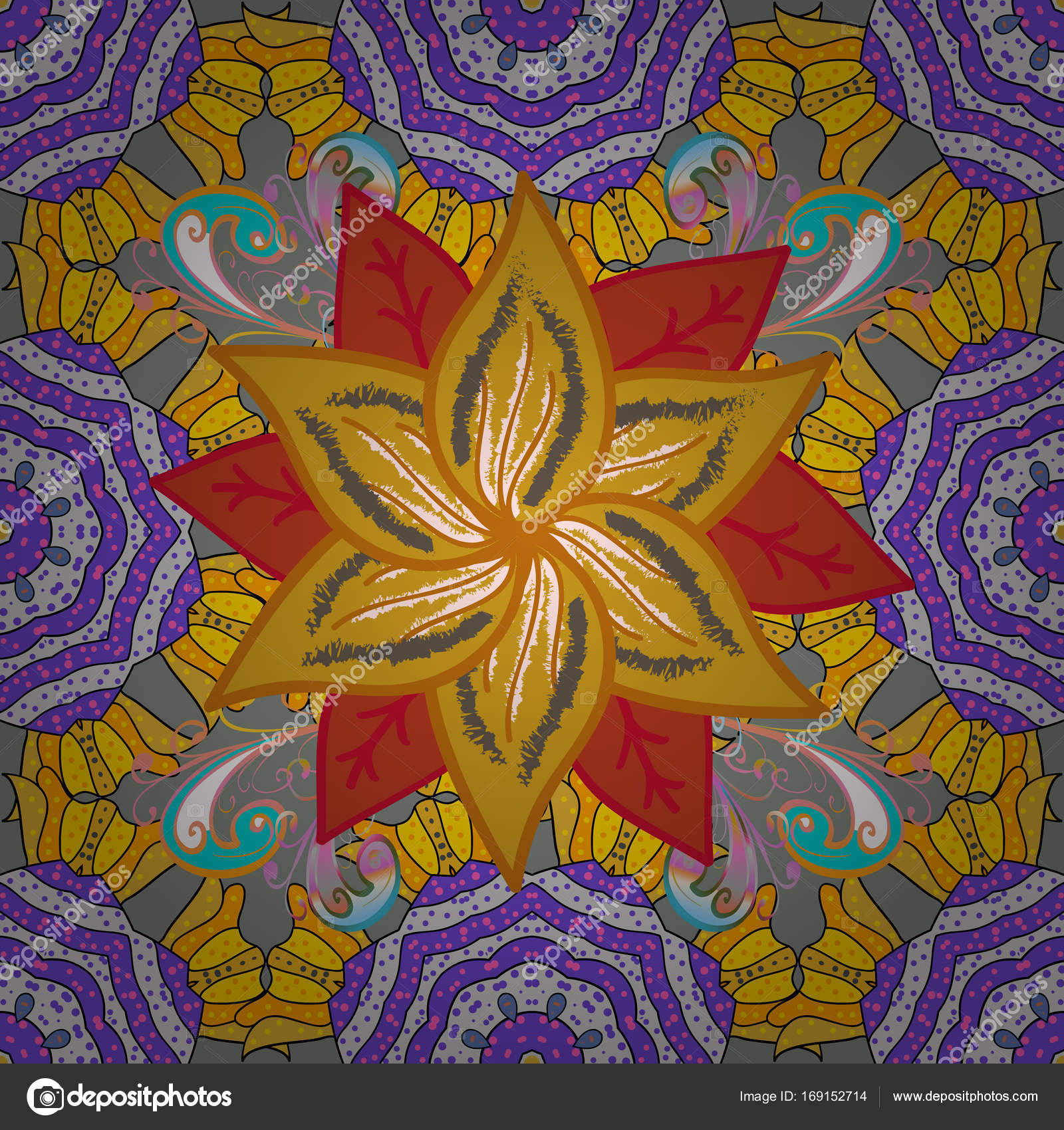 Giallo grigio e viola riccio fiori forme sui colori gialli grigi e viola Illustrazione di vettore Elementi di disegno del fiore dell annata — Vettoriali
