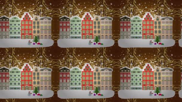 Vakantie Video Illustratie Winter Stad Met Bomen Schattige Huizen Landschap — Stockvideo
