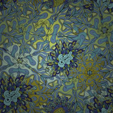 Vektör. Sorunsuz karalamalar mavi, yeşil, siyah, tarafsız ve sarı renkler. Şık kumaş deseni. Vintage.