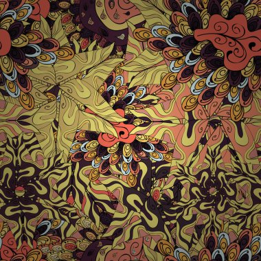 Vektör çizim. Öğeleri sarı, siyah, kahverengi, turuncu ve bej renkler. Şirin kumaş deseni. Sorunsuz Yazdır. Tasarım. Düz karalamalar.