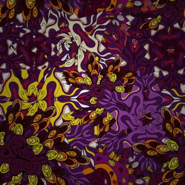 Kibarca, mor, siyah, kahverengi, sarı ve mor renkler üzerinde karalamalar. Soyut sorunsuz vektör desen elle çizilmiş çiçek öğeleri.