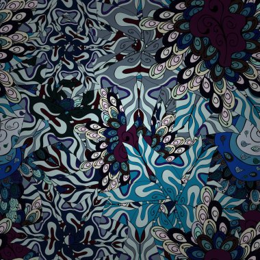 Vintage. Şık kumaş deseni. Sorunsuz karalamalar tarafsız, mavi, siyah, kahverengi ve gri renkler. Vektör.