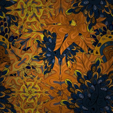 Dikişsiz desen kroki şirin arka plan. Doodles'ın turuncu, siyah, mavi, sarı ve kahverengi renkleri üzerinde. Kağıt vektör kaydırma için güzel desen.