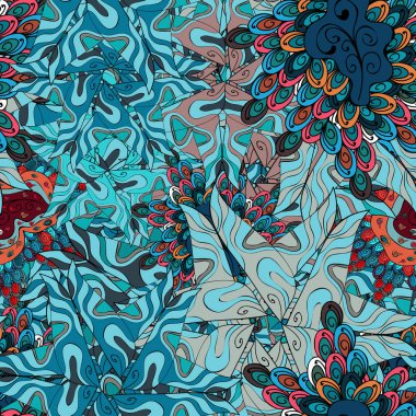 Vektör çizim. Mavi, siyah, gri, yeşil ve nötr renkler. Karalamalar. Kartları, Davetiyeler, tarihi kartları ve daha birçok kaydetmek için kullanılabilir. Sorunsuz dekoratif arka plan.