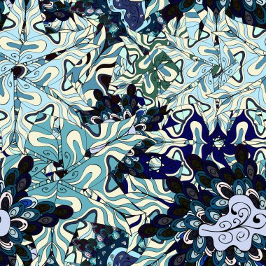 Kabile Sanat Yazdır antika arka plan. Arka plan doku, kroki, tarafsız, mavi, siyah, gri ve menekşe renkli tema. Soyut etnik vektör seamless modeli.