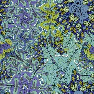 Kabile Sanat Yazdır antika arka plan. Arka plan doku, kroki, tarafsız, mavi, siyah, mor ve yeşil renklerde Tema. Soyut etnik vektör seamless modeli.