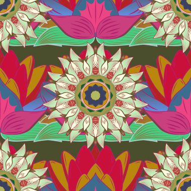 Yeşil, kırmızı, pembe, sarı ve nötr renkler nazik, Bahar çiçek. Çiçekler soyut patlayan yerleştirilir. Vektör desen. Vektör çizim.