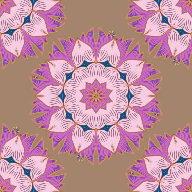 Dekoratif yuvarlak süsleme. Anahat Mandala bej, tarafsız, mor, pembe ve sarı renkler vektör. Yoga logo, arka plan için meditasyon poster. Tasarım öğesi örgü. Anti-stres terapisi desen.