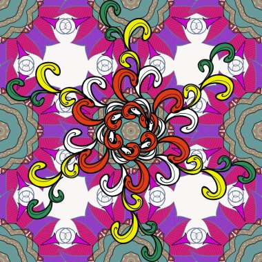 Yuvarlak süsleme desen bir bağımsız, mavi, kırmızı, siyah ve mor renkler renkli. Vektör Mandala.