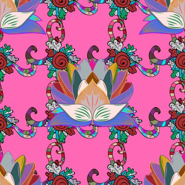 Vektör çizim. Sevimli çiçek ve yaprakları renkler, pembe, mavi, siyah, tarafsız ve kırmızı ile Seamless Modeli suluboya çiçek desenli, kroki, kart veya kumaş için tileable.