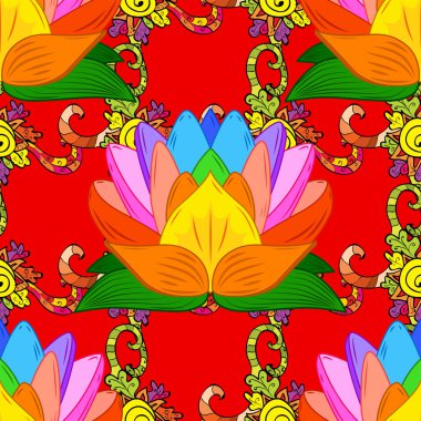 Sorunsuz. Vektör çizim. Çiçekleri kırmızı, turuncu, yeşil, sarı ve siyah renkler. Sevimli çiçek öğeleri.