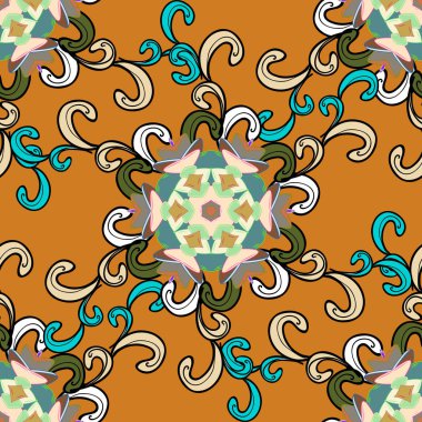 Soyut süsleme ile Seamless modeli. Vektör elle çizilmiş zentangle çiçek turuncu, siyah, bej, mavi ve yeşil renkler.