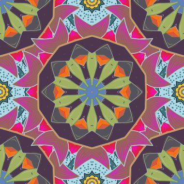 Tekstil, Davetiyeler, afiş ve diğer için. Vektör çizim. Mor, kahverengi, yeşil, gri ve nötr renkler renkli yuvarlak çiçek mandala.