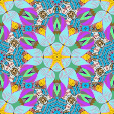 Boho tarzı çiçek seamless modeli. Vektör Mandala. Mavi, gri, mor, yeşil ve nötr renkler. Kiremitli mandala tasarım, baskı kumaş veya yetkin ve daha fazlası için en iyi.