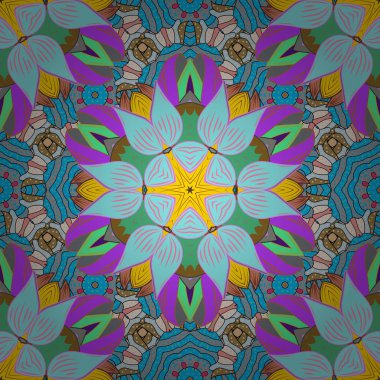 Anahat. Vektör doodle Dikişsiz desen Etnik mandala süs mavi, gri, mor, yeşil ve nötr renkler ile.