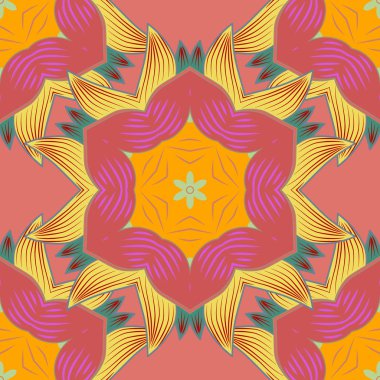 Dikişsiz desen mehndi çiçek dantel buta dekorasyon öğeleri pembe, sarı, nötr, kırmızı ve mor renkler. Vektör çiçek düğün dekoratif elemanlar.