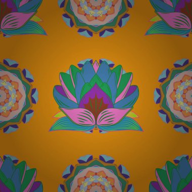 Sorunsuz arka plan. Vintage retro tarzı. Tekstil, kumaş üzerine baskı için kroki. Dikişsiz desen renkli paisley, sarı, mavi, yeşil, pembe ve mor çiçek ve dekoratif öğeler. Vektör