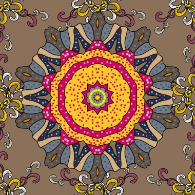 Hint çiçek desenli madalyon afiş. Etnik Mandala süs vektör. Kına dövme stil bej, sarı, siyah, pembe, nötr renkler. Tekstil, tebrik kartı, telefon durumda yazdırma için kullanılabilir