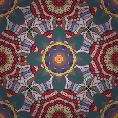 Arap, Hint, Türk ve Osmanlı dekorasyon tarzı kültür. Sihirli vintage kumaş. Etnik süsleme bej, tarafsız, mavi, kırmızı ve pembe renkleri üzerinde. Mandala Dikişsiz desen renkli el çizilmiş vektör.