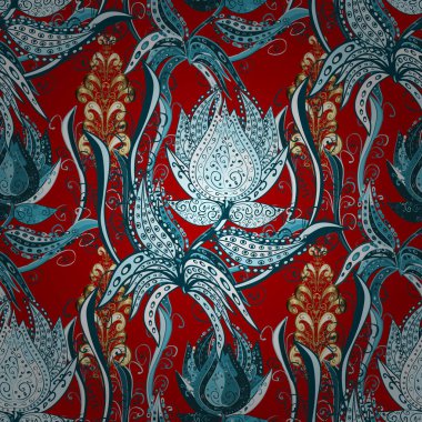 Modern çiçek arka plan. İnanılmaz sorunsuz çiçek desenli parlak renkli çiçek ve yaprakları mavi, kırmızı, tarafsız, beyaz, bej renkler. Şık moda için şablon yazdırır. Halk tarzı.