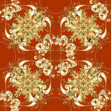 Dikişsiz desen turuncu, kahverengi ve sarı renkler. Vektör altın seamless modeli. Oryantal tarzı Arabesk altın öğeleri. Sorunsuz altın dokulu bukleler.