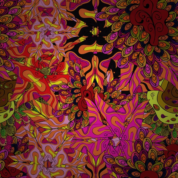 包装紙の落書きのパターン オレンジ ブラック マゼンタ イエローと色の赤 ベクトルの図 シームレス パターン抽象的な素敵な背景 — ストックベクタ