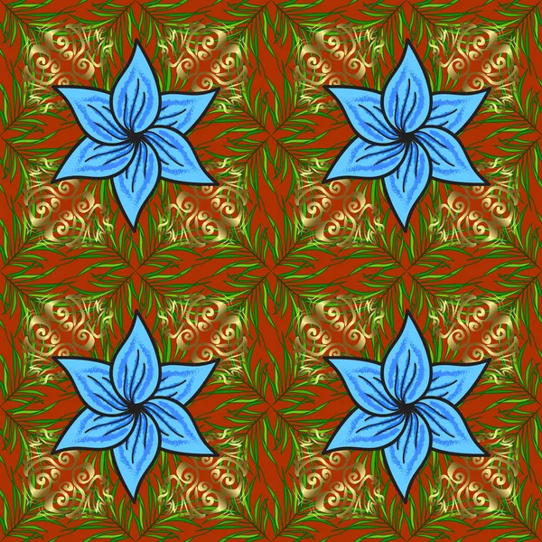 Asian Textile Style Vector Illustration Flowers Orange Green Blue Brown — Stock Vector