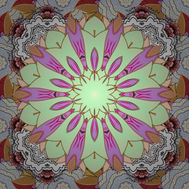 Bahar Tema Dikişsiz desen arka plan rengi. Asya tekstil tarzında. Sorunsuz çiçek deseni. Vektör çizim. Çiçek yeşil, bej ve nötr renkler. Düz çiçek öğeleri tasarım.