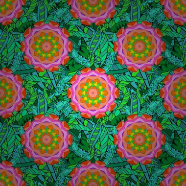 Vektör düz çiçek seamless modeli. Kağıt, tebrik kartları, poster ve başlık sayfası kaydırma hediye tasarım tasarım. Yeşil, turuncu, mavi, pembe ve siyah renkler çiçekler.