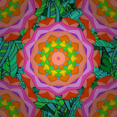 Sevimli çiçek vektör desen. Bahar Tema Dikişsiz desen arka plan rengi. Düz çiçek öğeleri tasarım. Turuncu, pembe, yeşil, mavi ve siyah renkler çiçekler.