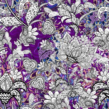 Paisley el çizimi elementler. Ev dekoru. Fantezi çiçekli kusursuz desen, doğal eskiz, çiçek desenli kıvrım çizimi..