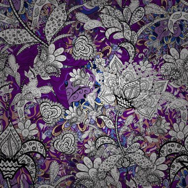 Vektör. Beyaz üzerine güzel çiçekler, siyah, gri ve mor renkler, suluboya çiçek desenli, kroki, kart veya kumaş için tileable ile Seamless Modeli.