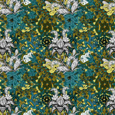 Dikişsiz güzel kumaş desen. Güzel arka plan. Mavi, siyah, yeşil, sarı ve beyaz renkler. Doodles'ın şirin desen. Vektör - stok.