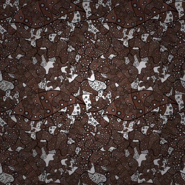 Tasarım. Öğeleri kahverengi, beyaz ve siyah renkler. Sorunsuz Yazdır. Şirin kumaş deseni. Vektör çizim. Düz karalamalar.