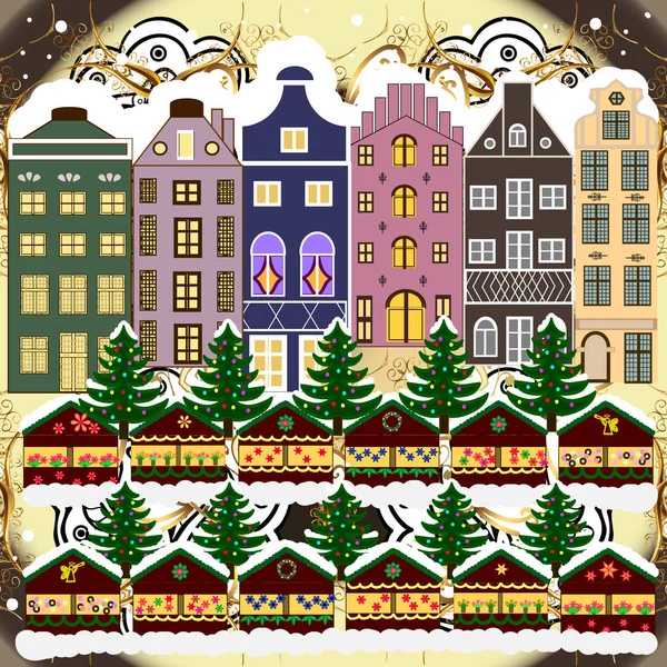 Noel Kış Sahne Arka Plan Vektör Çizim Köy Kış Manzarası — Stok Vektör