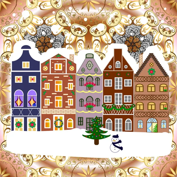 Векторная Иллюстрация Деревня Рождество Баннер Заднем Плане Снегом Снежинками Открытка — стоковый вектор