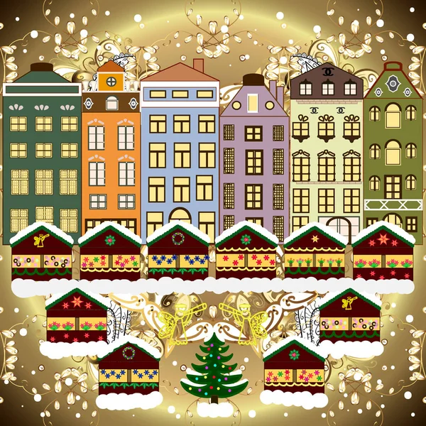 Illustrazione Vettoriale Piatta Casa Inverno Biglietto Auguri Natale Felice Anno — Vettoriale Stock
