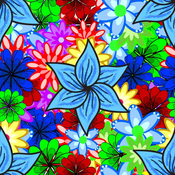 Vector Flores Planas Patrón Sin Costura Flores Pétalo Azul Diseñe — Vector de stock